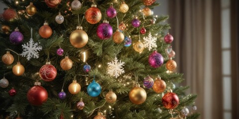 Snowflakes fall gently on a festive Christmas tree decorated with colorful ornaments and twinkling lights, tree, holiday