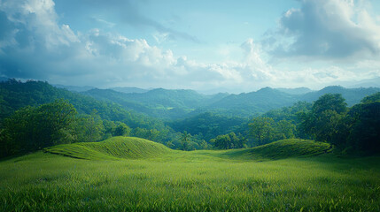 Obraz premium Serene Green Hills Landscape Under a Cloudy Sky