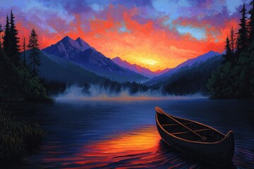 Tranquil lake at sunset with serene mountains and a canoe gently floating on the shimmering water surface