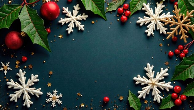 Snowflakes and holly leaves adorned with golden glitter, winter, frosty