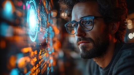innovative man analyzing data on digital screen in modern workspace