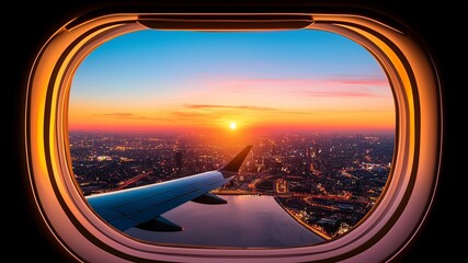 Naklejka premium Airplane view from illuminator, Window view from an airplane seat, showing the wing of the plane and a dreamy sunset horizon