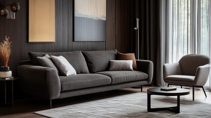 Fototapeta premium Modern living room sofa, interior design, dark wood, elegant, armchair, natural light, calm, home decor, advertisement