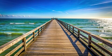 Fototapeta premium Wooden pontile on ocean shore, sunny day, clear sky, sunny day, clear sky