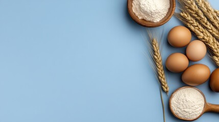 Flat lay of baking essentials including eggs, flour, and kitchen tools on a blue tabletop, fostering a warm cooking atmosphere