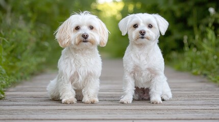 Two fluffy white dogs sitting on a wooden path in a green forest