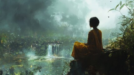 Obraz premium Serene contemplation by a misty waterfall, a woman in an orange robe finds peace amidst lush greenery and cascading water. A tranquil scene evoking calmness and spiritual reflection.