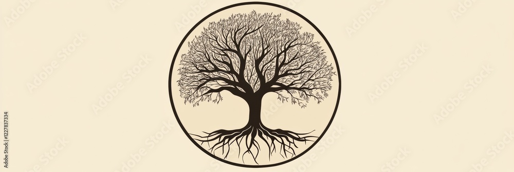 Poster symbolic tree of life with deep roots representing growth and connection is shown against a light ba