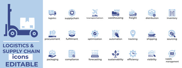 Logistics and Supply Chain vector icons modern, editable designs for shipping, delivery, inventory, warehouse, and transport
