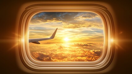 Fototapeta premium Airplane view wing from illuminator, view from window plane, Window view from an airplane seat showing the wing of the plane and a dreamy sunset horizon