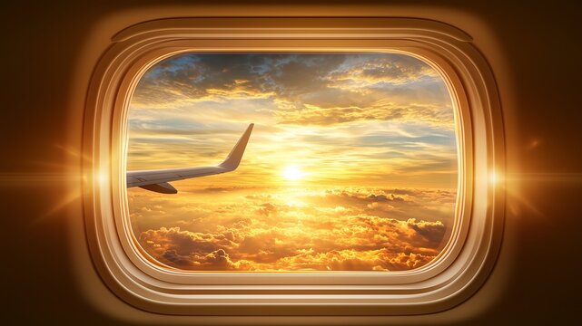 Airplane view wing from illuminator, view from window plane, Window view from an airplane seat showing the wing of the plane and a dreamy sunset horizon