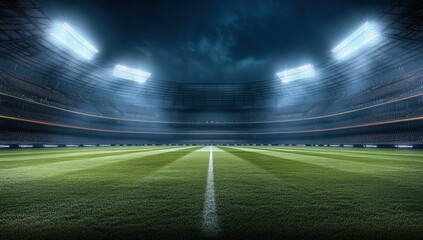Night Stadium: Empty Green Field Under Floodlights