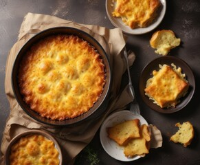Baked golden brown gratin with melted cheese on top , dairy, rich, freshly made