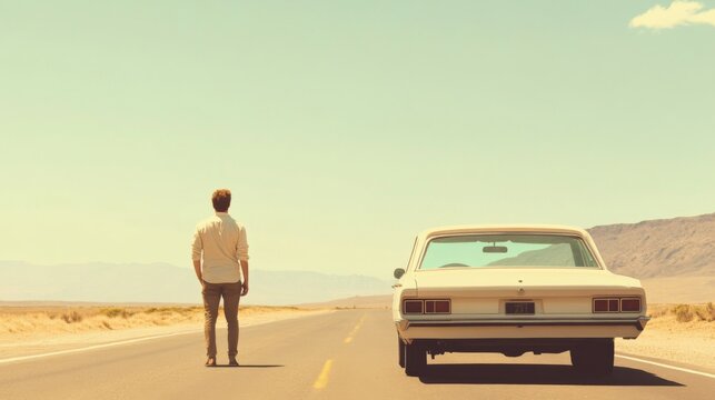 Fototapeta Man walking away from vintage car on desert road.