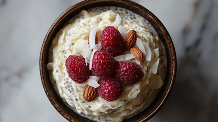 Creamy Dessert with Raspberries and Almonds in Bowl Food Still Life Close View Macro Delicious