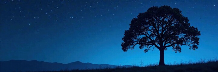 Fototapeta premium Silhouette of a tree with leaves and branches against dark blue night sky, night sky, tree