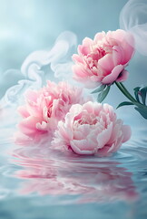 Pink peonies in the water surrounded by clouds