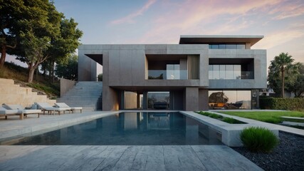 A modern luxury villa with a cubic structure, highlighted by wooden cladding, white panels, and a thoughtfully designed front yard