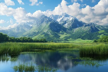 Majestic mountain landscape reflected in a serene lake surrounded by lush greenery