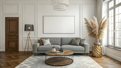 Minimalist living room, Scandinavian design, gray sofa, large white wall panel, arched windows, pampas grass decor, round coffee table, wooden floor, neutral color palette, modern floor lamp, cozy int