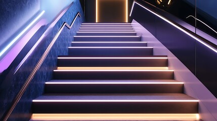 Fototapeta premium Contemporary staircase with innovative railing design and ambient lights