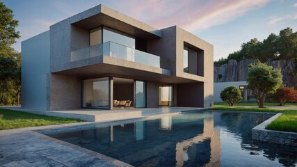 A modern luxury villa with a cubic structure, highlighted by wooden cladding, white panels, and a thoughtfully designed front yard