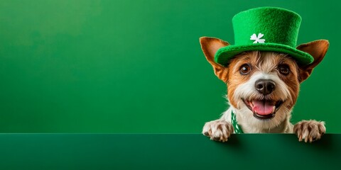 happy, smiling dog wearing saint patrick leprock green hat peeking over the edge of a green background with copy space. This could be used as a banner concept design for saint patrick day