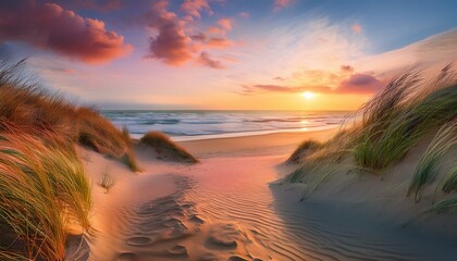 "Serene coastal landscape featuring soft sand dunes, a glowing sunset, and gentle waves under a pastel sky."