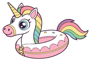 Inflatable unicorn pool float, colorful rainbow mane, golden horn, large expressive eyes, cute cartoon style, white body, pink base, rainbow tail, whimsical design, summer fun, pool toy, vibrant color