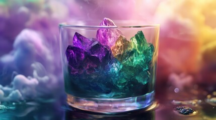 Vibrant Crystals in a Glass with a Magical Blend of Sapphire, Emerald, and Amethyst Colors Against a Dreamy Background of Iridescent Hues