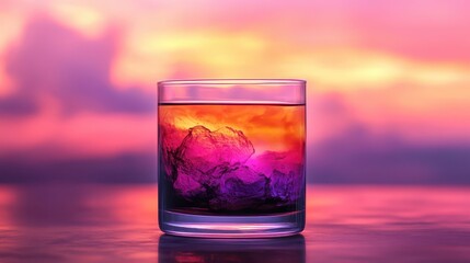 Vibrant Sunset-Inspired Ink Blend in Glass with Ice Against Colorful Sky at Dusk