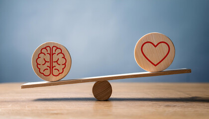 Heart Versus Brain Balance Concept on Wooden Seesaw Representing Emotion and Logic