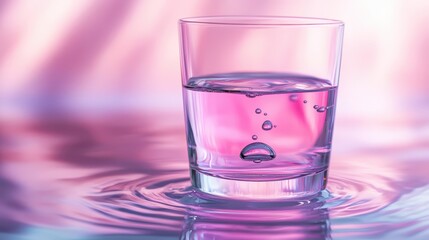 Vibrant Pink Ink Drop Gently Diffusing in Glass of Clear Water on Soft Colorful Background with Gentle Ripples and Bubbles Effect