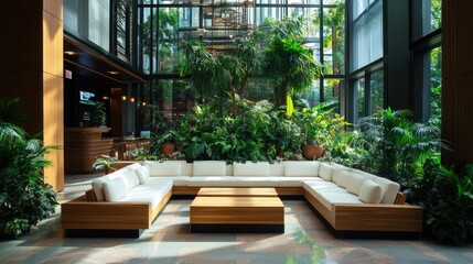Serene Indoor Oasis: Modern Lounge with Lush Greenery
