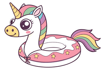 Inflatable unicorn pool float, colorful rainbow mane, golden horn, large expressive eyes, cute cartoon style, white body, pink base, rainbow tail, whimsical design, summer fun, pool toy, vibrant color