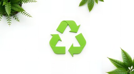 Green recycling symbol surrounded by green leafy plant illustrations on a white background