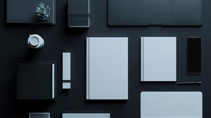 A collection of design elements arranged on a black background.