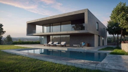 A modern luxury villa with a cubic structure, highlighted by wooden cladding, white panels, and a thoughtfully designed front yard