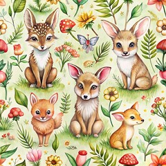 Group of small animals, including rabbits and foxes, are sitting in a field. Seamless pattern
