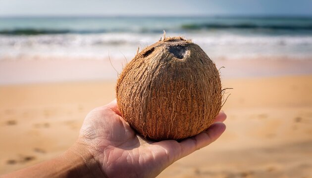 pov closeup a hand holding coconut on a beach walk low desire slow living good enough low expectations concept acceptable sufficient average satisfactory ordinary lifestyle