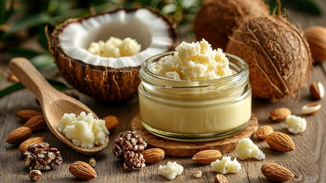 Natural skincare ingredients arranged with a jar of shea butter, almonds, and coconuts