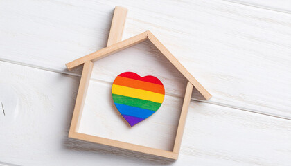 Wooden House with Rainbow Heart Symbolizing LGBTQ+ Love and Inclusivity