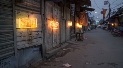 Fototapeta premium Urban Night Scene with Neon Signs on Empty Street in City