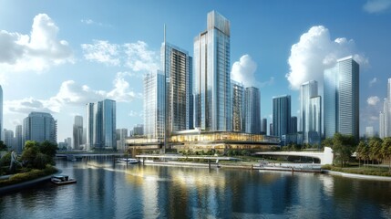 Modern Cityscape: Waterfront Skyscrapers and Luxurious Architecture