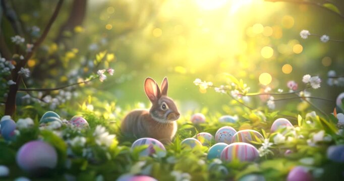 cute easter bunny colorful eggs meadow blooming trees sunlight joyful celebration