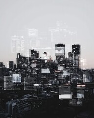 Futuristic cityscape with data visuals urban landscape digital art evening glow aerial view technology integration