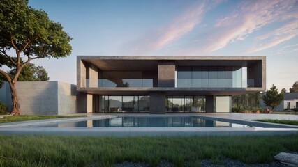 Fototapeta premium A modern luxury villa with a cubic structure, highlighted by wooden cladding, white panels, and a thoughtfully designed front yard