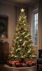 beautifully decorated fir Christmas tree with lights and ornaments, holiday season, decorated fir tree, twinkling lights