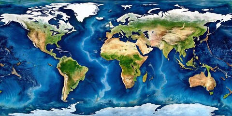 Detailed World Map: Continents, Oceans, Satellite View, Global Perspective, Textured Earth