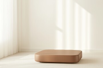 minimalist living room corner featuring smooth warm chocolate brown coffee table with rounded edges soft natural light